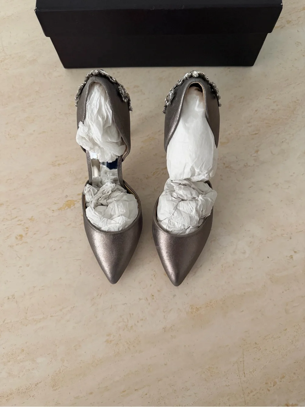 Badgley Mischka Metallic Taupe D'Orsay Pumps with Embellished Heel